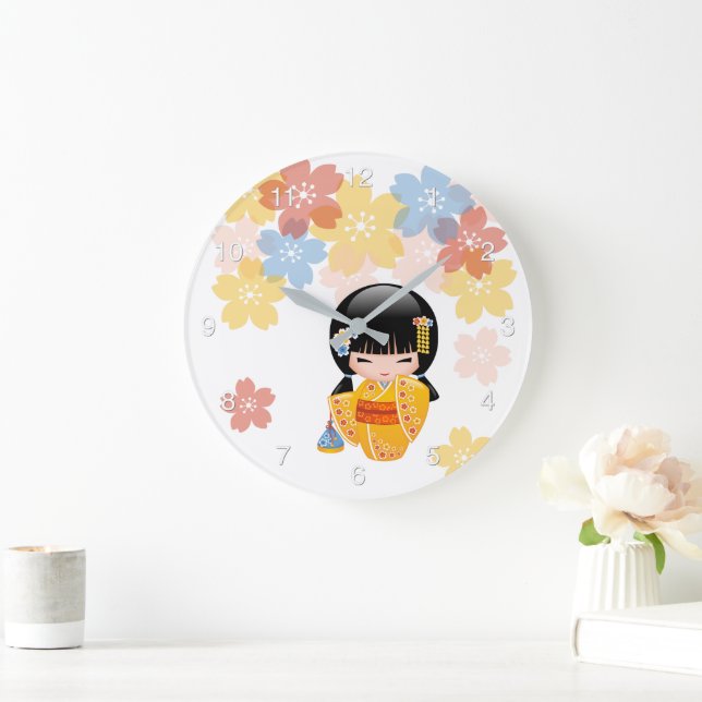 Grande Horloge Ronde Poupée Kokeshi d'été - Kimono Jaune Geisha Girl La (Maison)