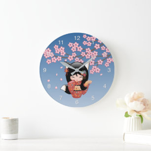 Grande Horloge Ronde Poupée Kokeshi Kitsune - Fille Geisha Renard Noir