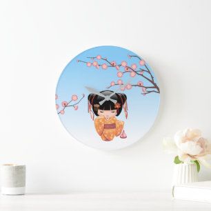 Grande Horloge Ronde Poupée Kokeshi Ume - Fille Geisha Japonaise Bleue