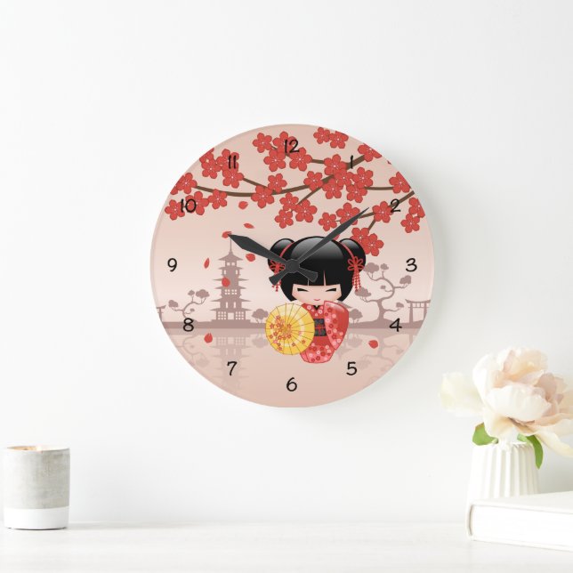 Grande Horloge Ronde Poupée rouge Sakura Kokeshi - Geisha japonais (Maison)