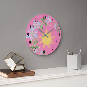 Grande Horloge Ronde Pouponnière douce rose fleurie