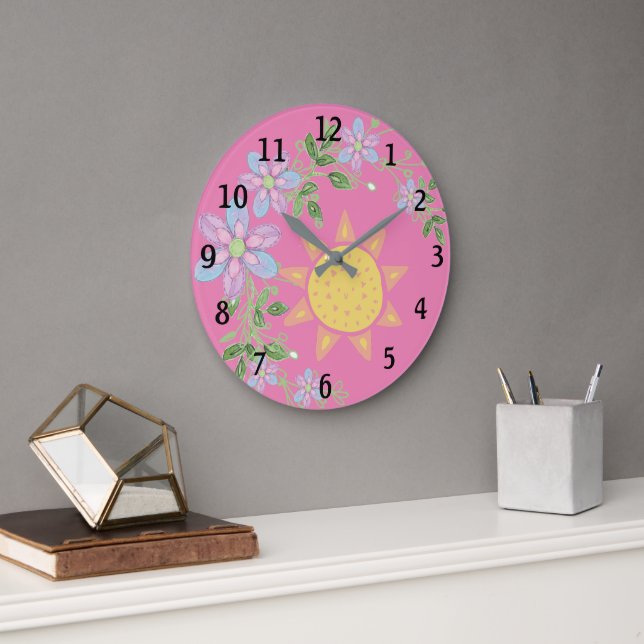 Grande Horloge Ronde Pouponnière douce rose fleurie (Bureau)