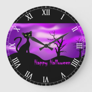 Grande Horloge Ronde Pourpre heureux de chat noir de Halloween