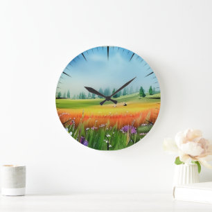 Grande Horloge Ronde Prairie Aquarelle Pittoresque