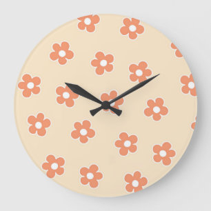 Grande Horloge Ronde Preppy Peach White Hippie Flower Motif