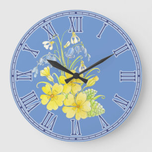 Grande Horloge Ronde Primula, bluebells, snowdrops floral wall clock