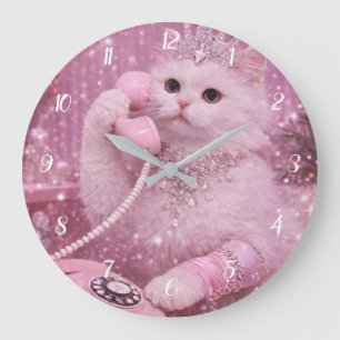 Grande Horloge Ronde Princesse Glamour Chat Utilisant le Téléphone