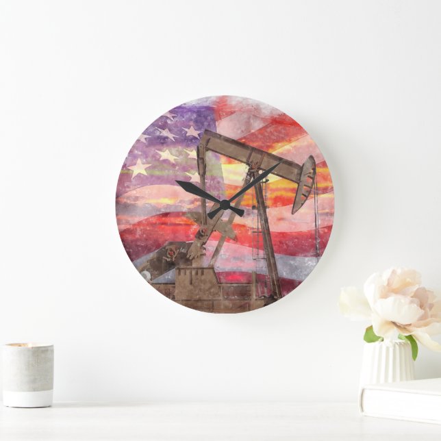 Grande Horloge Ronde Pumpjack silhouette pastille Drapeau américain (Maison)