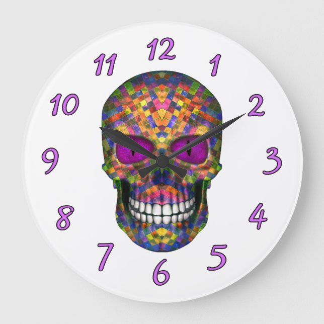 Grande Horloge Ronde Purple Mosaic Sugar Skull Zombie Wall Clock (Recto)