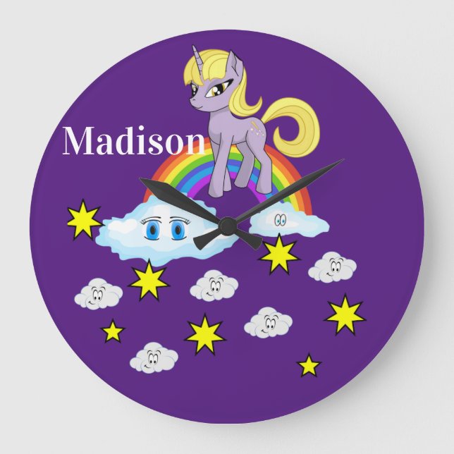 Grande Horloge Ronde Purple Pony Rainbow Happy Clouds Stars Clock (Recto)