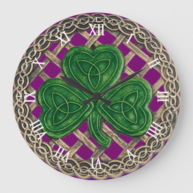 Grande Horloge Ronde Purple Shamrock & Celtic Knots Roman Numeral Clock (Recto)