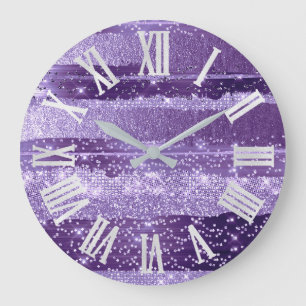 Grande Horloge Ronde PURPLE VIOLET STROKES Glitter Gray Roman Numbers