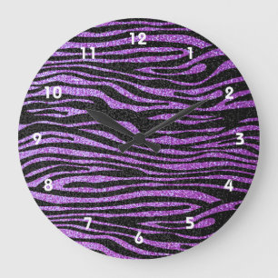 Grande Horloge Ronde Purple Zebra stripe pattern (faux glitter bling)