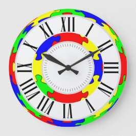 Grande Horloge Ronde Puzzle rouge clair, bleu, vert et jaune