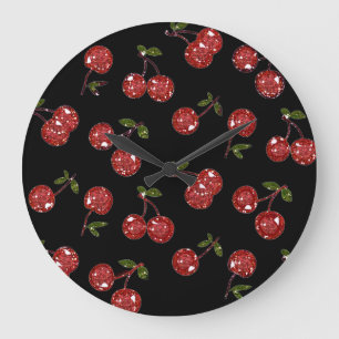Grande Horloge Ronde RAB Rockabilly très cerise cerises sur noir