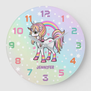 Grande Horloge Ronde Rainbow Unicorn Stars Nursery Decor Wall Clock