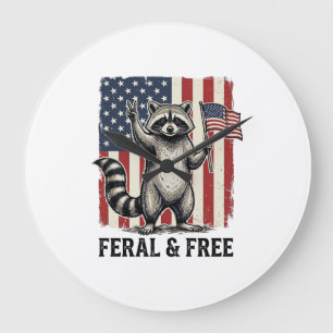 Grande Horloge Ronde Raton laveur patriotique sauvage et libre Chemise 