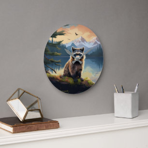 Grande Horloge Ronde Raton laveur sur un lac boisé
