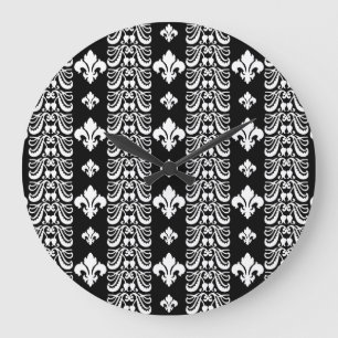 Grande Horloge Ronde Rayure 1 de Fleur noire et blanche