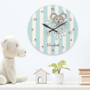 Grande Horloge Ronde Rayure Bleue Pastel Mignonne Chambre de Bébé Koala