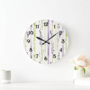 Grande Horloge Ronde Rayures de lavande Floral