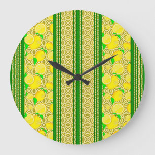 Grande Horloge Ronde Rayures et cercles à l'aquarelle de citron