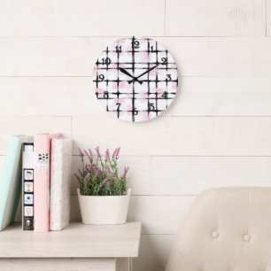 Grande Horloge Ronde Rayures noires roses 