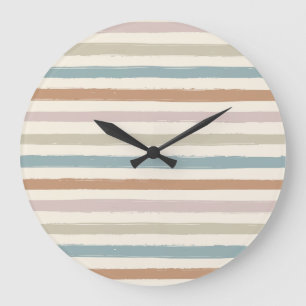 Grande Horloge Ronde Rayures pinceau boho tons terre sans couture