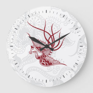 Grande Horloge Ronde Red Bird & Floral Pattern Wall Clock