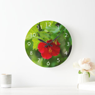 Grande Horloge Ronde Red Hibiscus Hawaii Tropical