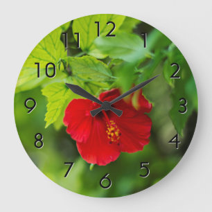 Grande Horloge Ronde Red Hibiscus Hawaii Tropical