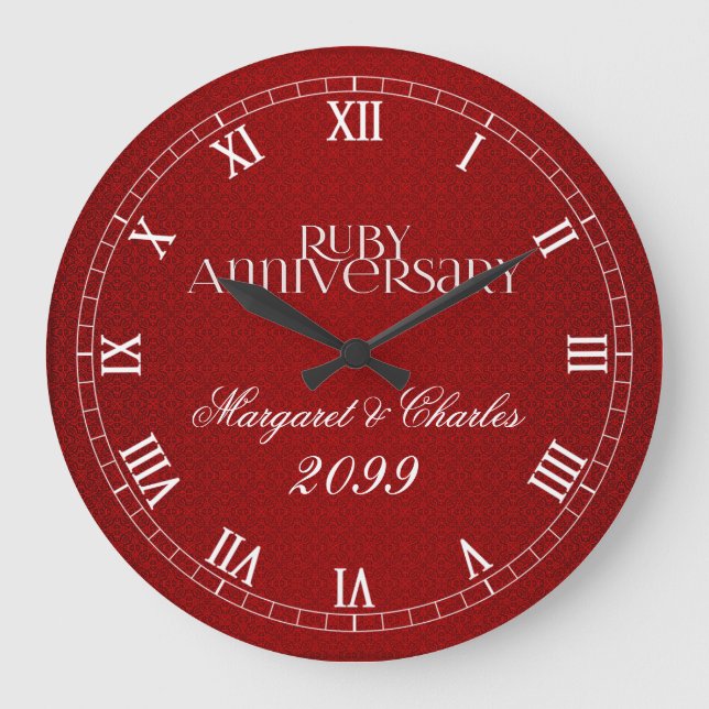Grande Horloge Ronde Red Ruby 40th Mariage Anniversaire Nom Année (Recto)