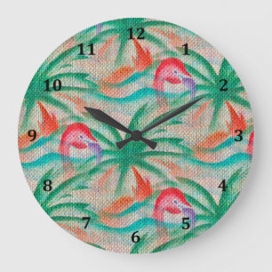 Grande Horloge Ronde Regard de toile de jute de palmier de Flamant rose