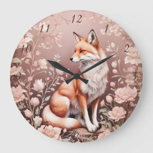 Grande Horloge Ronde Renard Avec Flore Rose Rêvé