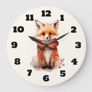 Grande Horloge Ronde Renard mignon en écharpe rouge