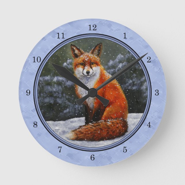 Grande Horloge Ronde Renard rouge mignon en neige hivernale (Recto)