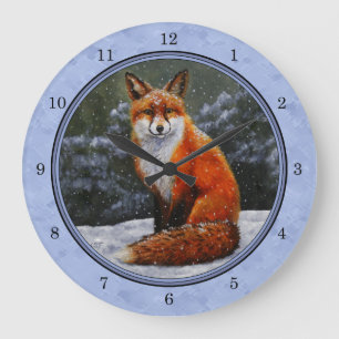 Grande Horloge Ronde Renard rouge mignon en neige hivernale