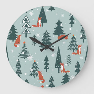 Grande Horloge Ronde Renards, sapins, hiver, motif coloré