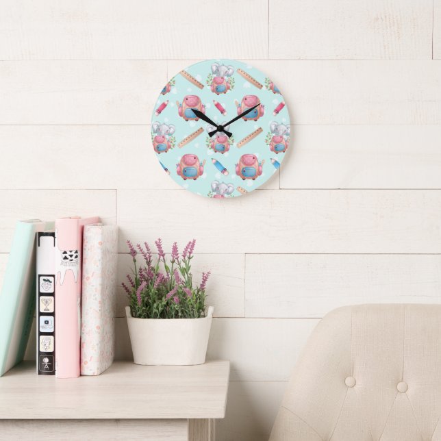 Grande Horloge Ronde Retour à l'école Motif éléphant (Salle de lecture)