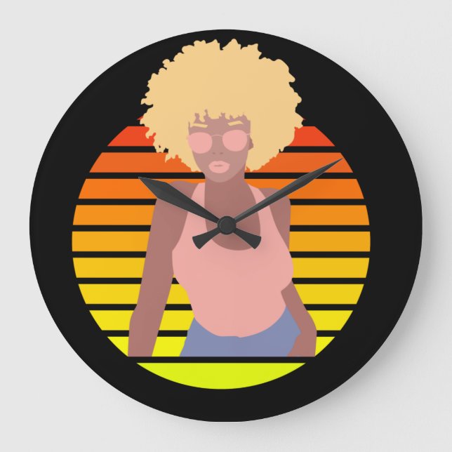 GRANDE HORLOGE RONDE RETRO AFRO QUEEN - REINE AFRO-AMÉRICAINE (Recto)