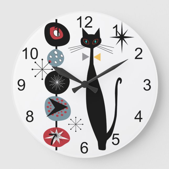 Grande Horloge Ronde Retro Atomique Moyen Siècle Moderne MCM Cool Chat  (Recto)