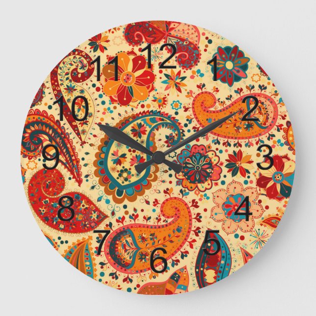 Grande Horloge Ronde Rétro Colorful Beautiful Boho Bohemian Paisley (Recto)