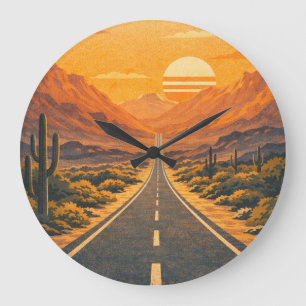 Grande Horloge Ronde Retro Desert Highway Sunset Landscape Clock