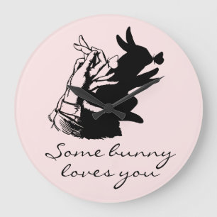 Grande Horloge Ronde Rétro Mignon Lapin Noir Papillon Rose Script