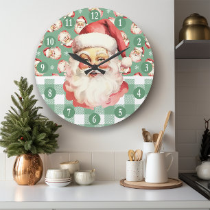 Grande Horloge Ronde Rétro Père Noël Carreaux Verts Et Blancs Noël