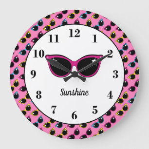 Grande Horloge Ronde Rétro rose de motif de lunettes de soleil de chat