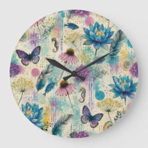 Grande Horloge Ronde Rêve Aquatique Floral Vibrant
