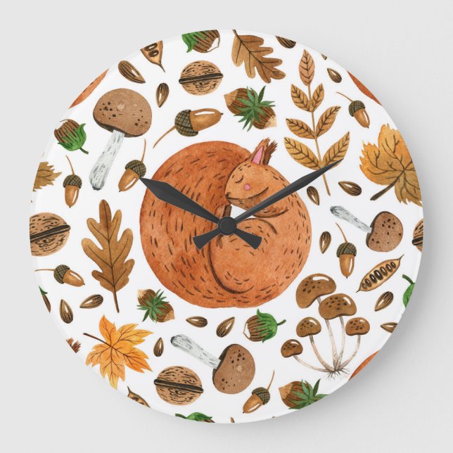 Grande Horloge Ronde Rêves d'automne : Aquarelle écureuil paradis (Recto)