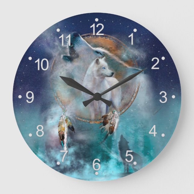 Grande Horloge Ronde Rêveur indien et loup à tête ethnique (Recto)