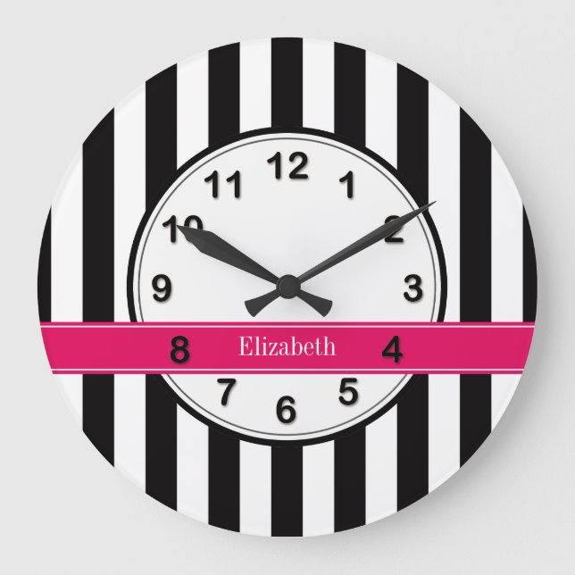Grande Horloge Ronde Ribbon de framboise noir blanc Nom Monogramme (Recto)